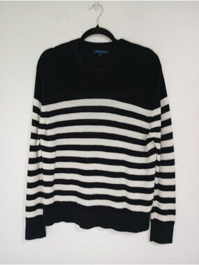 Patrick Assaraf Black & White Striped Knit Crewneck Sweater Size Small Women